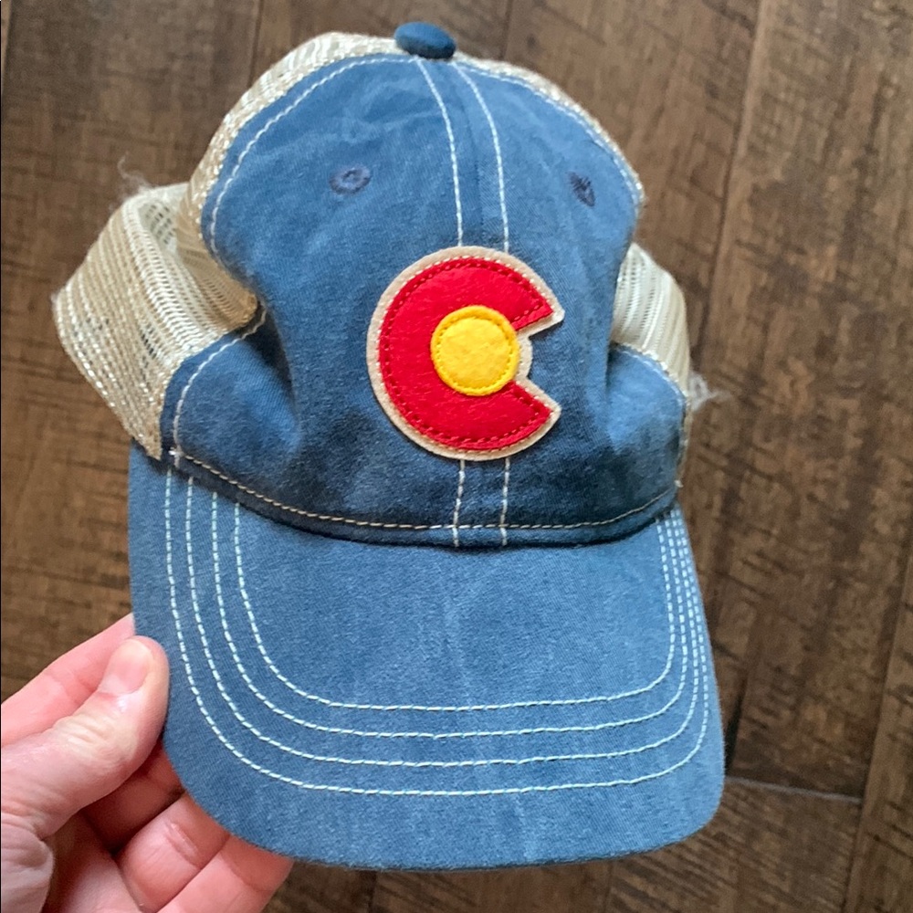 Blue and Tan Trucker Hat with Colorado Patch